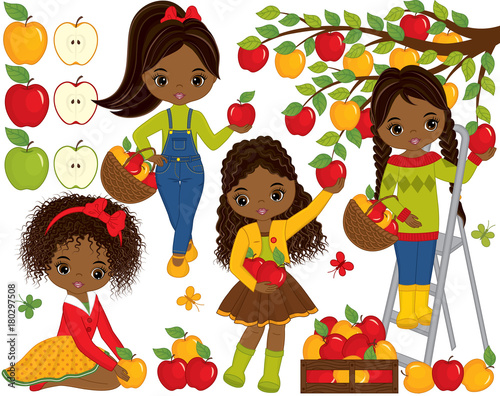 Vector Cute Little African American Girls Picking Apples in Orchard