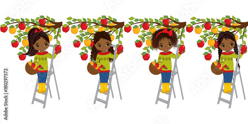 Vector Cute Little African American Girls Picking Apples from Trees