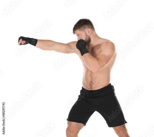 Male boxer on white background