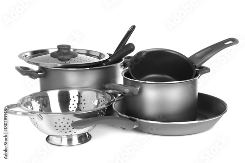 Different cooking utensils on white background