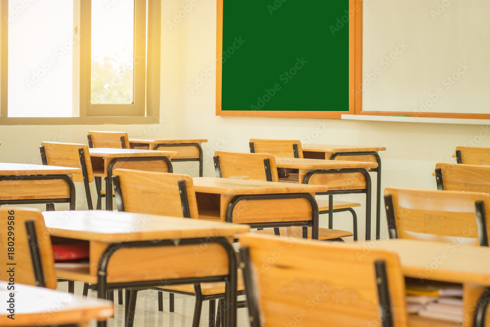 Lecture room or School empty classroom with desks and chair iron wood in high school thailand, interior of