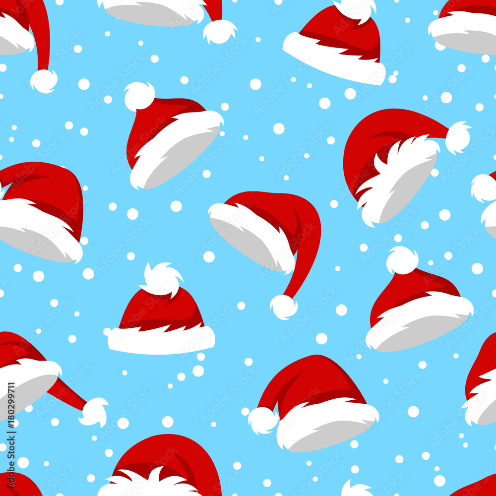 Seamless Pattern with Santa Hats and Snow on Blue Background Seamless Pattern with Santa Hats and Snow on Blue Background