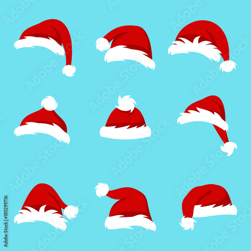 Set Santa Hats Isolated on Blue Background, Collection Different Christmas Caps