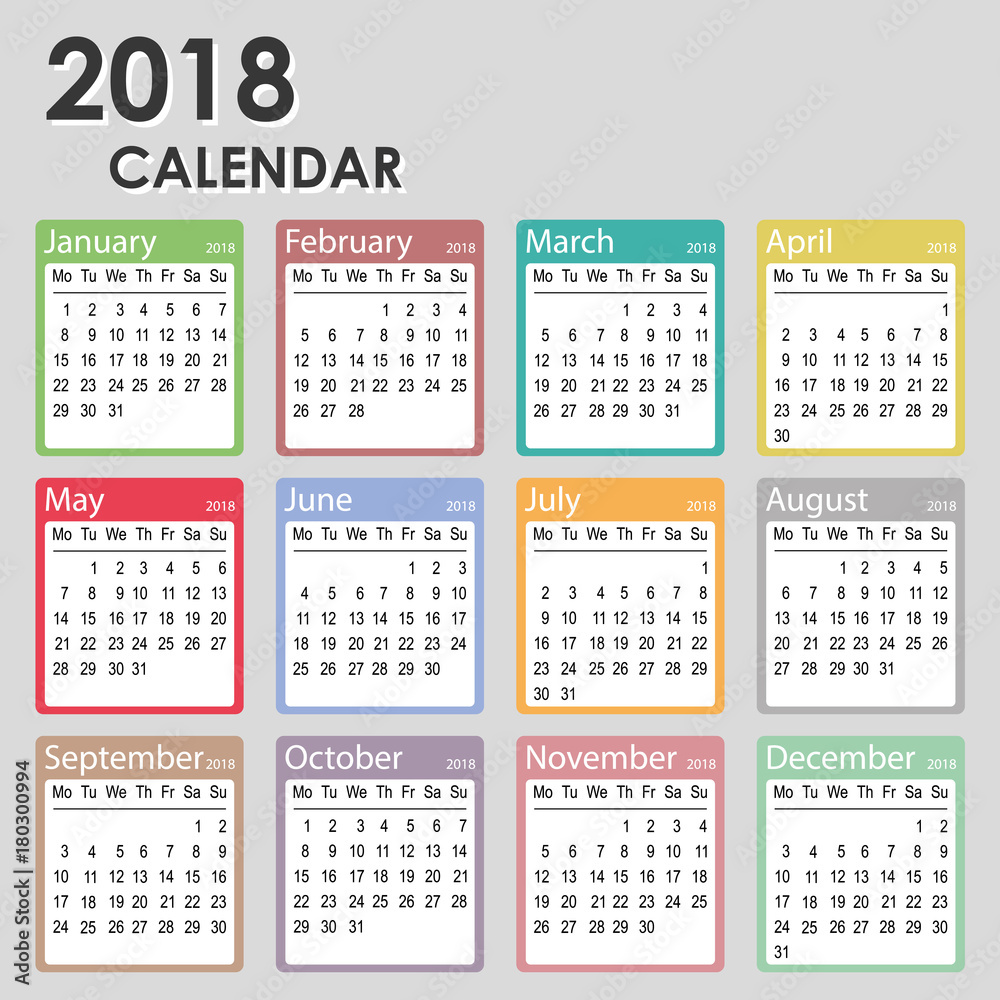 2018 year calendar, week starts on Monday, monthly calendar template ...