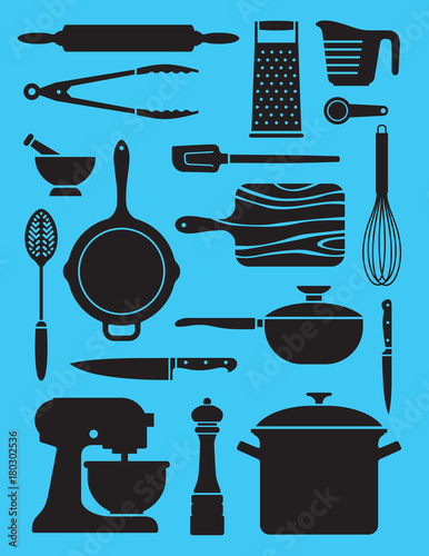 Set of 17 kitchenware illustrations.
Collage or pattern of simplified silhouette vector designs showing a variety of kitchen or chef tools.