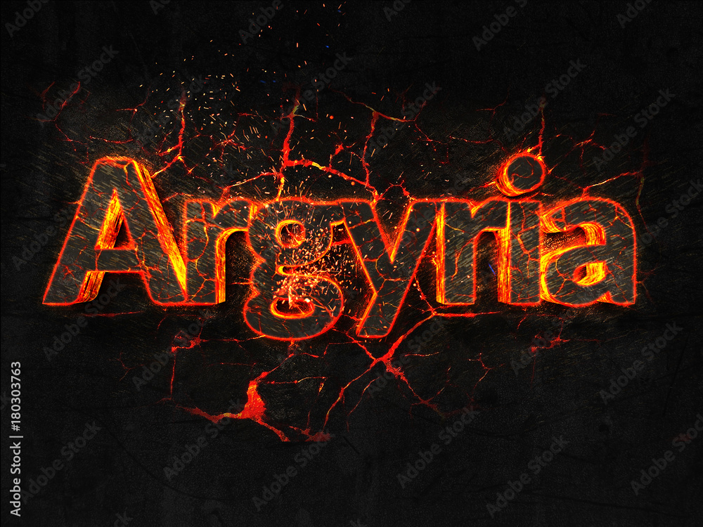 Argyria Fire text flame burning hot lava explosion background.