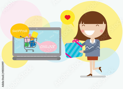 Little lady with shopping online store ,eCommerce business concept