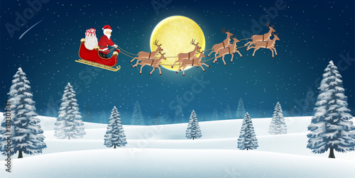 santa claus with reindeer on winter forest hill