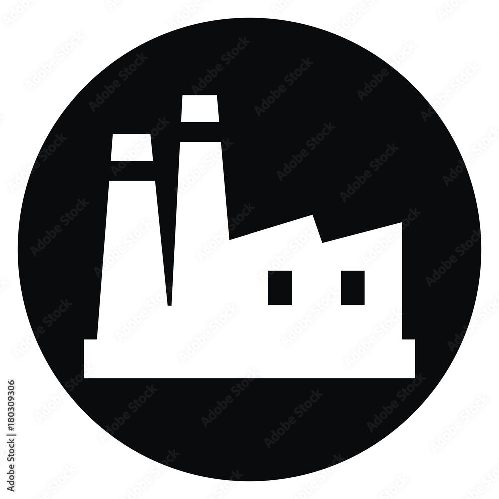 Factory, web icon at black frame. White silhouette of industrial building. Factory, web icon at black frame. White silhouette of industrial building.
