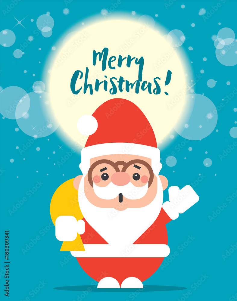 Merry Christmas! Cartoon cute Santa Claus carrying a big bag of Christmas present and waving hand happily! Flat vector mascot character. Merry Christmas! Cartoon cute Santa Claus carrying a big bag of Christmas present and waving hand happily! Flat vector mascot character.