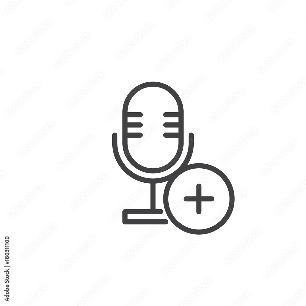 Add record line icon, outline vector sign, linear style pictogram isolated on white. Microphone with plus symbol, logo illustration. Editable stroke Add record line icon, outline vector sign, linear style pictogram isolated on white. Microphone with plus symbol, logo illustration. Editable stroke