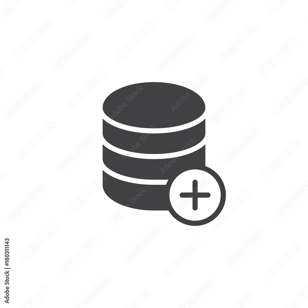 Add database icon vector, filled flat sign, solid pictogram isolated on white. Storage with plus symbol, logo illustration. Add database icon vector, filled flat sign, solid pictogram isolated on white. Storage with plus symbol, logo illustration.