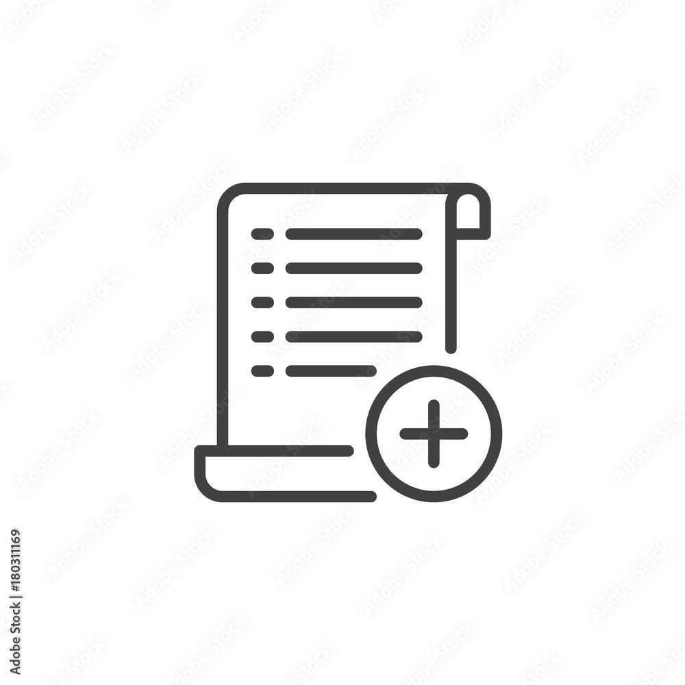 Create document line icon, outline vector sign, linear style pictogram isolated on white. Add list with plus symbol, logo illustration. Editable stroke Create document line icon, outline vector sign, linear style pictogram isolated on white. Add list with plus symbol, logo illustration. Editable stroke