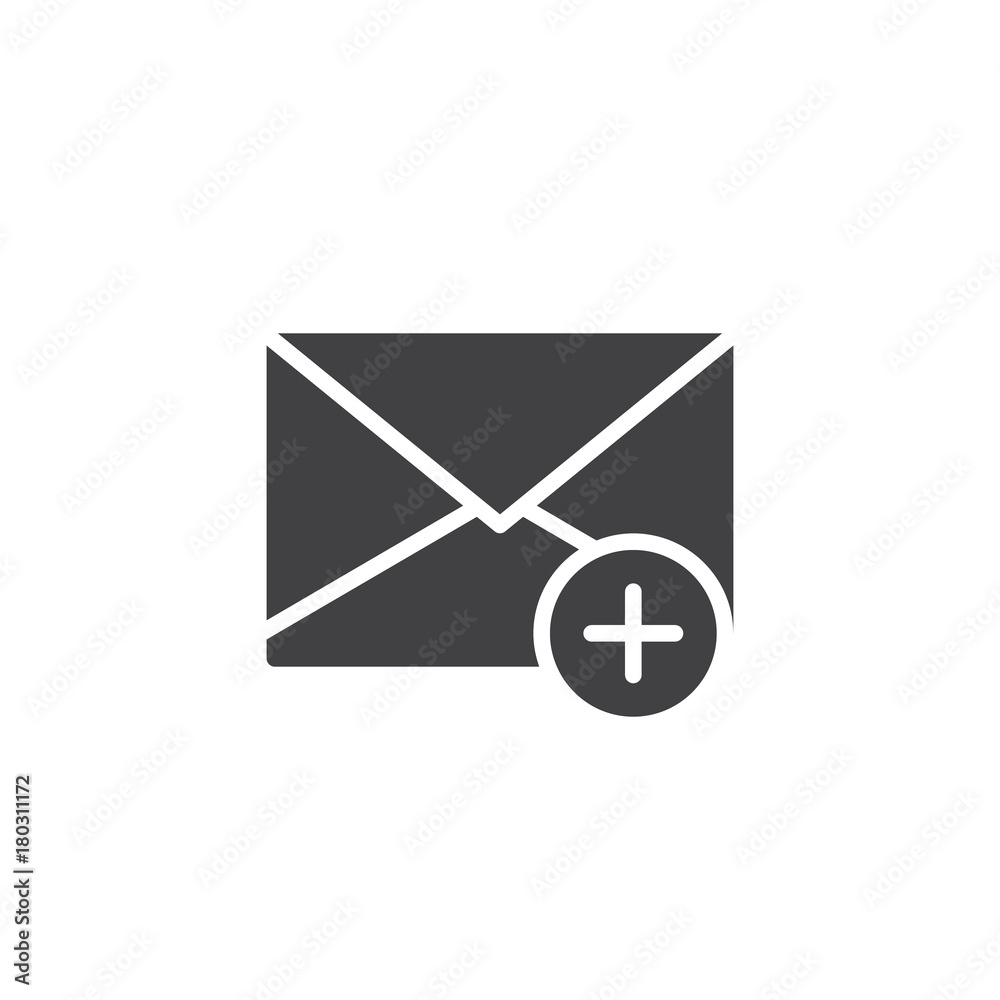 Add message icon vector, filled flat sign, solid pictogram isolated on white. Envelope with plus symbol, logo illustration. Add message icon vector, filled flat sign, solid pictogram isolated on white. Envelope with plus symbol, logo illustration.