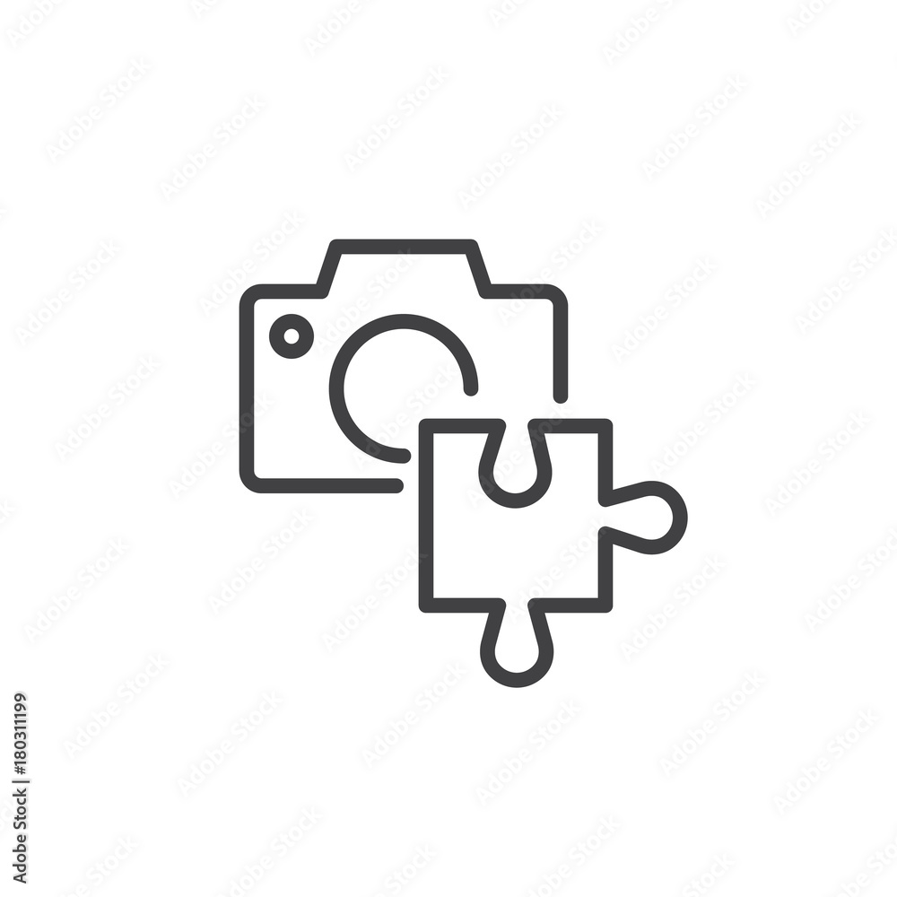 Camera with puzzle line icon, outline vector sign, linear style pictogram isolated on white. Camera add on indefication symbol, logo illustration. Editable stroke Camera with puzzle line icon, outline vector sign, linear style pictogram isolated on white. Camera add on indefication symbol, logo illustration. Editable stroke