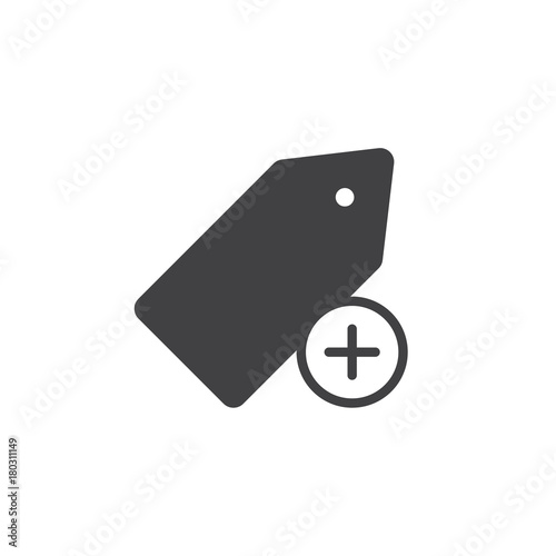Add tag icon vector, filled flat sign, solid pictogram isolated on white. Label with plus symbol, logo illustration.