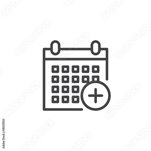 Calendar add line icon, outline vector sign, linear style pictogram isolated on white. Holiday event planner with plus symbol, logo illustration. Editable stroke