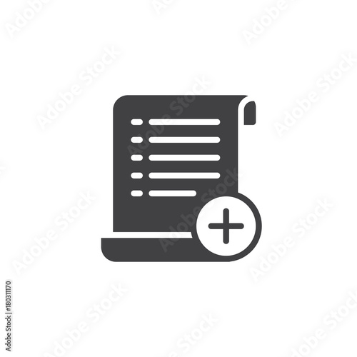Create document icon vector, filled flat sign, solid pictogram isolated on white. Add list with plus symbol, logo illustration.