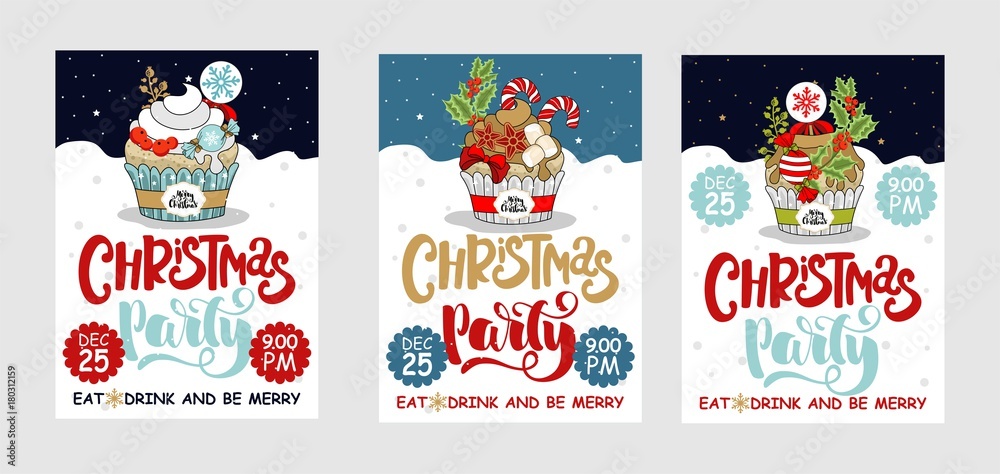 Fototapeta premium Set Christmas party and sweets postcard. A painted inscription text