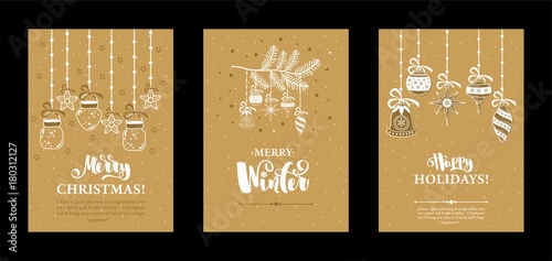 Set Christmas card with calligraphy. Hand drawn design elements.