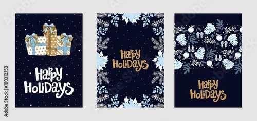 Set Christmas card with calligraphy. Hand drawn design elements.