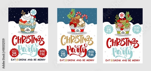 Set Christmas party and sweets postcard. A painted inscription text