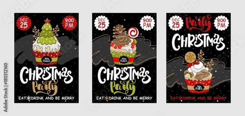 Set Christmas party and sweets postcard. A painted inscription text
