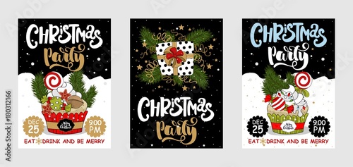 Set Christmas party and sweets postcard. A painted inscription text