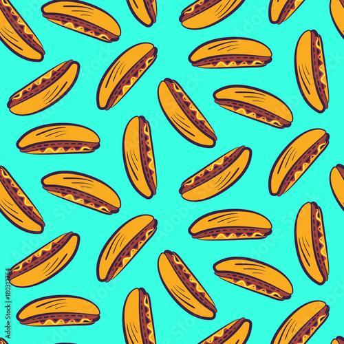 Colorful seamless pattern with cute cartoon american hot dog on bright blue background. Comic flat pop art hotdogs texture for fast food textile  wrapping paper  package  restaurant or cafe banners