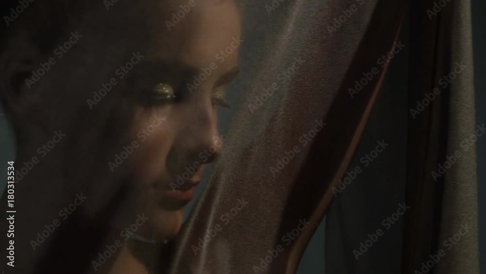 A girl teen with a shiny make-up stands behind shakes a waves and looks away A girl teen with a shiny make-up stands behind shakes a waves and looks away