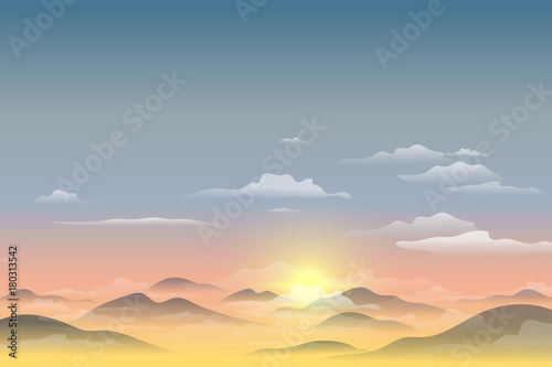 Vector illustration  Landscape view with sunset  sunrise  the sky  clouds  mountain peaks  and forest. for the website background