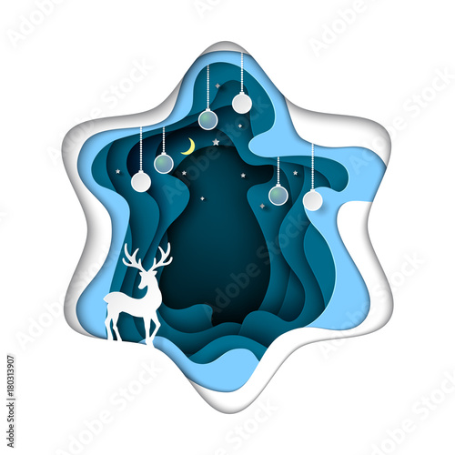 Deer with blue abstract paper art on winter season background.For merry christmas and happy new year.Vector illustration.