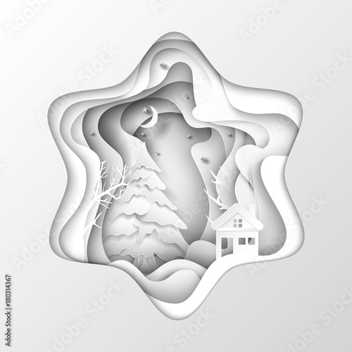 House and christmas tree with snowflake shape paper art abstract background