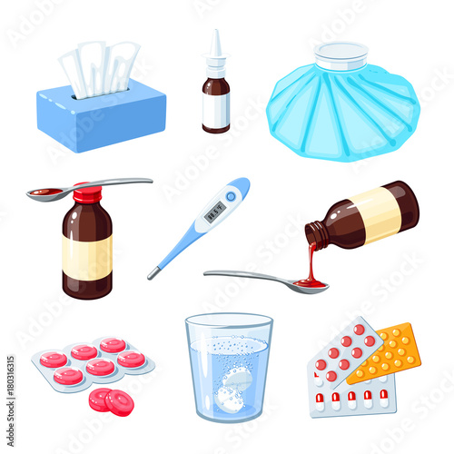 Set of medicinal remedy for sore throat, flu, influenza, cough: medicine syrup, ice bag, lozenges, pills, capsules, drugs. Vector illustration cartoon icon collection isolated on white.