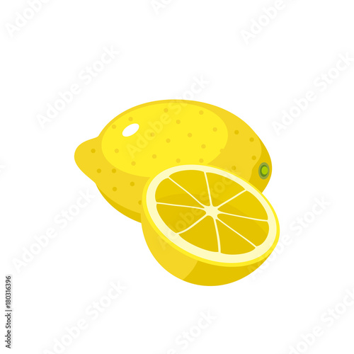 Summer fruits for healthy lifestyle. Yellow lemon, whole fruit and half. Vector illustration cartoon flat icon isolated on white.