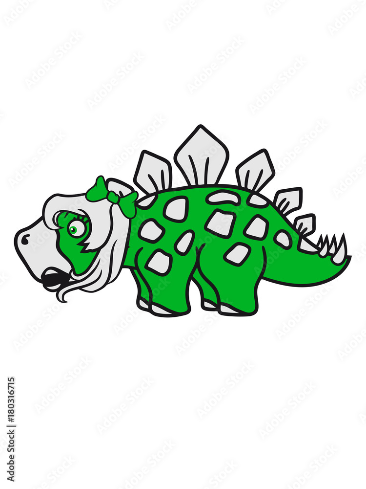 Fototapeta premium mädchen frau weiblich hübsch schön girl stegosaurus süß niedlich klein pflanzenfresser echse dino saurier dinosaurier groß comic cartoon freundlich