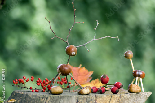 Chestnut animals on wooden stump, deer and female deer made of chestnuts, acorns and twigs, green background with autumn red fru photo