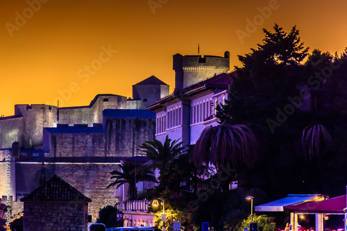Dubrovnik architecture night scenery. / Night scenery over famous city walls in Dubrovnik town, worldwide known historical place in Europe, Croatia. photo