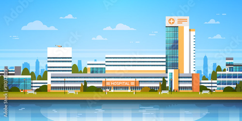 City Landscape With Hospital Building Exterior Modern Clinic View Flat Vector Illustration