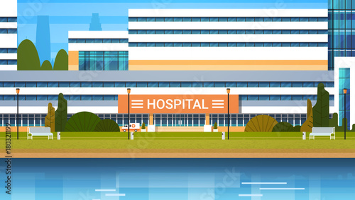 Hospital Building Exterior Modern Clinic View Flat Vector Illustration