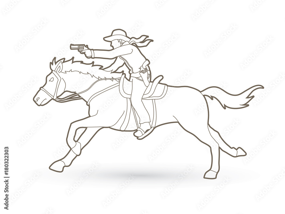 Cowboy riding horse,aiming gun outline graphic vector Cowboy riding horse,aiming gun outline graphic vector