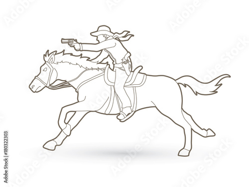 Cowboy riding horse,aiming gun outline graphic vector © sila5775