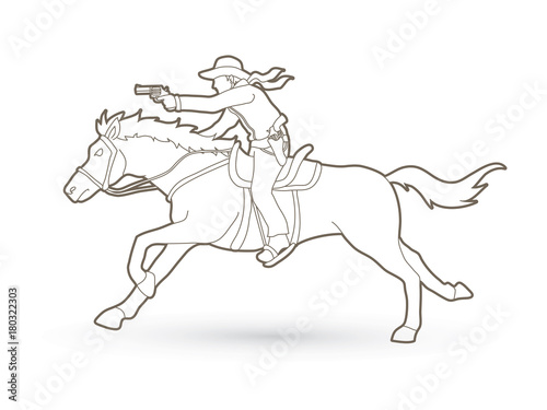 Cowboy riding horse,aiming gun outline graphic vector