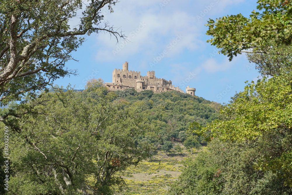 The castle of Requesens at the top of the hill, la Jonquera, Alt Emporda, Girona, Catalonia, Spain