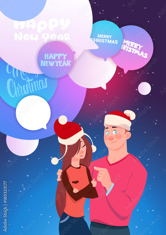 Man And Woman Embracing Over Chat Bubbles With Merry Christmas And Happy New Year Messages Holiday Card Design Flat Vector Illustration Man And Woman Embracing Over Chat Bubbles With Merry Christmas And Happy New Year Messages Holiday Card Design Flat Vector Illustration