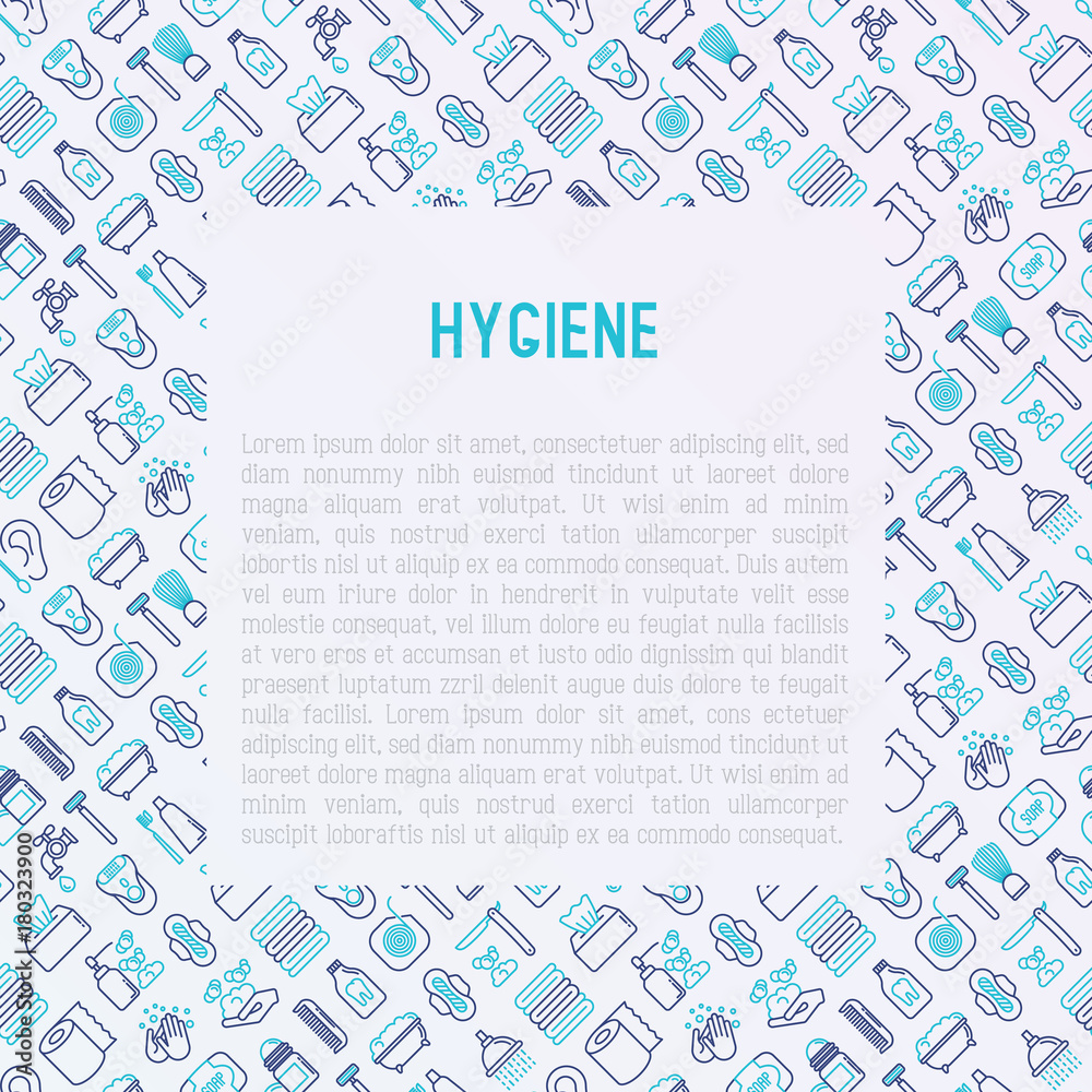 Hygiene concept with thin line icons: hand soap, shower, bathtub, toothpaste, razor, shaving brush, sanitary napkin, comb, ball deodorant, mouth rinse. Vector illustration for banner, web page. Hygiene concept with thin line icons: hand soap, shower, bathtub, toothpaste, razor, shaving brush, sanitary napkin, comb, ball deodorant, mouth rinse. Vector illustration for banner, web page.