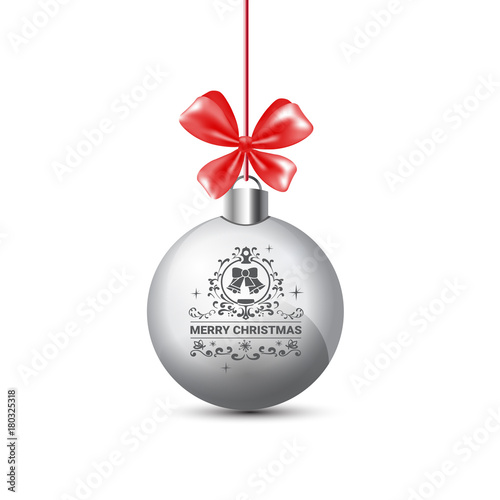 Silver Christmas Ball With Red Ribbon Bow Isolated On White Background Vector Illustraion