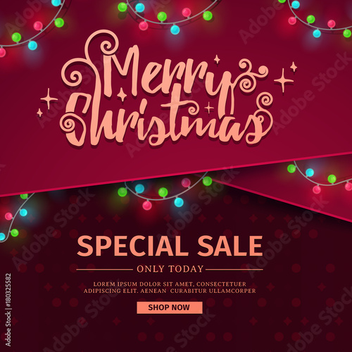 Template for the design of the New Year banner for promotion. Christmas banner for sale with decor of red ribbon and luminous garland. Vector.