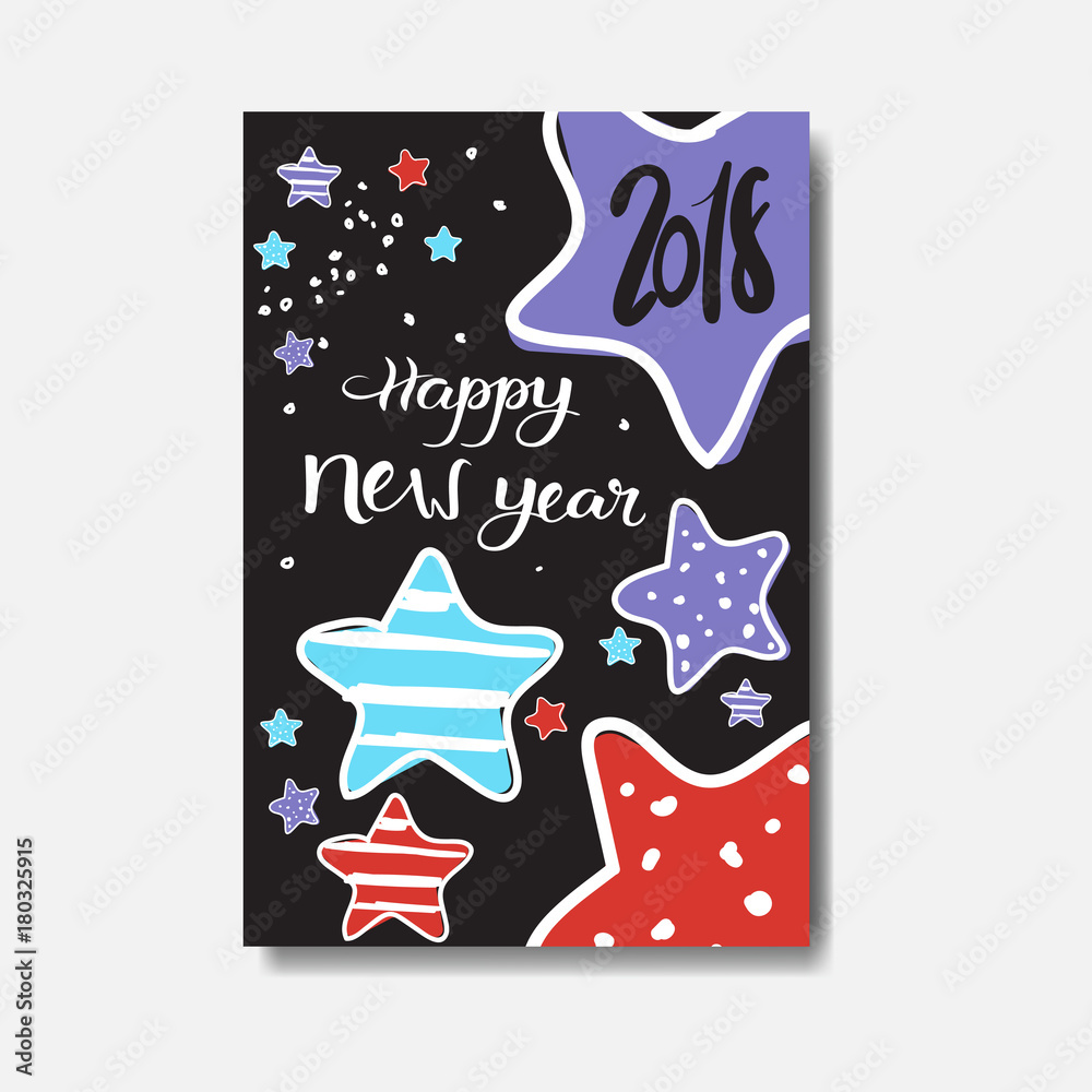 Cute Happy New Year 2018 Card Doodle Design Winter Holiday Poster Vector Illustraion