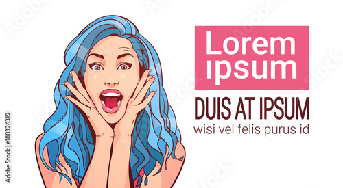 Excited Beautiful Woman With Blue Hair And Open Mouth Portrait Isolated On White Background With Copy Space Vector Illustration
